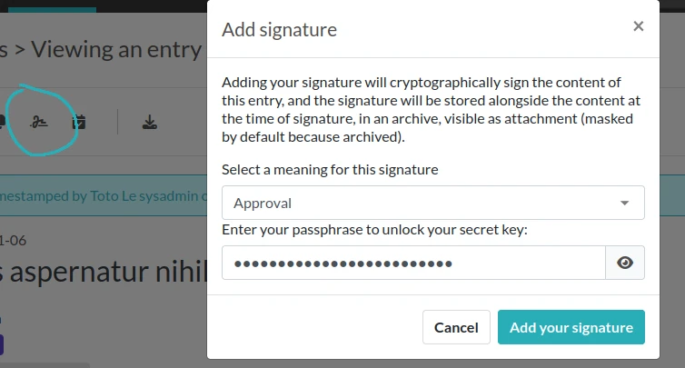 signature modal window